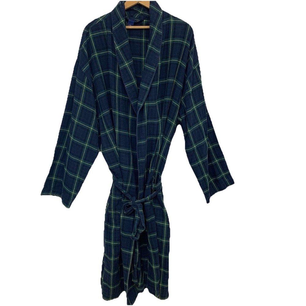 Polo Ralph Lauren Flannel Robe Blue Plaid Pockets 100% Cotton Long Sleeve L/XL
